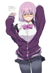  1girl absurdres arms_up black_skirt bow bowtie breasts broken_eyewear collared_shirt commentary_request dated dress_shirt glasses grey_pantyhose gridman_universe highres jacket large_breasts light_blush looking_at_viewer off_shoulder pantyhose pink-framed_eyewear pleated_skirt purple_bow purple_bowtie purple_hair purple_jacket red_eyes shinjou_akane shirt skirt sleeves_past_wrists smile solo ssss.gridman takatisakana tinted_eyewear white_background white_shirt yellow-tinted_eyewear 