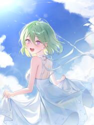  1girl :d absurdres bare_arms blue_sky breasts clouds cloudy_sky commentary_request cowboy_shot day dress from_side green_hair highres holding_own_dress korean_commentary lens_flare looking_at_viewer looking_to_the_side medium_breasts open_mouth outdoors shami_0001 short_hair sky sleeveless sleeveless_dress smile solo standing stellive strap_slip summer turning_head violet_eyes virtual_youtuber white_dress yuzuha_riko 