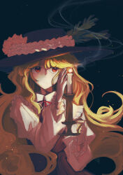  1girl absurdres black_dress black_hat blonde_hair candle candlestand closed_mouth collared_dress commentary_request contrast_collar cowboy_shot dolls_in_pseudo_paradise dress expressionless hat hat_feather highres holding holding_candlestand jacket_girl_(dipp) long_hair long_sleeves neck_ribbon red_eyes ribbon smoke solo touhou uzumibi very_long_hair 