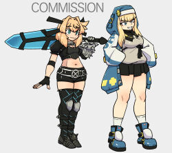  2girls absurdres arc_system_works armor belt_buckle blonde_hair blue_jacket bridget_(guilty_gear) bridget_(guilty_gear)_(cosplay) buckle commission company_connection cosplay costume_switch crop_top genderswap genderswap_(mtf) guilty_gear highres holding holding_sword holding_weapon hood hooded_jacket huge_weapon jacket magik's_crown magik_(x-men) marvel marvel_tokon:_fighting_souls miniskirt multiple_girls mxdotesolu pauldrons planted short_shorts shorts shoulder_armor single_pauldron skirt spiked_pauldrons spikes superhero_costume sword thigh-highs weapon x-men 