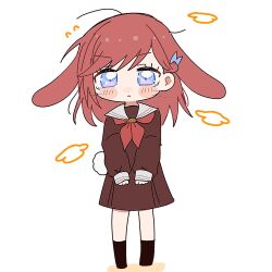  1girl :< animal_ears black_socks blue_eyes blush blush_stickers brown_dress closed_mouth col_person commentary deformed dress floppy_ears flying_sweatdrops frown hair_ornament hasu_no_sora_school_uniform highres kemonomimi_mode kinjo_maika long_hair long_sleeves looking_at_viewer lop_rabbit_ears love_live! love_live!_hasu_no_sora_jogakuin_school_idol_club neckerchief no_shoes rabbit_ears rabbit_girl rabbit_tail red_hair red_neckerchief sailor_collar sailor_dress school_uniform simple_background socks standing tail untranslatable_commentary white_background white_sailor_collar winter_uniform 