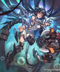  1girl black_hair cable company_name copyright_notice cyborg cygames dress helmet highres joints lips long_hair ludicrous_ordnance mechanical_arms mechanical_legs mechanical_tail official_art robot_joints shadowverse shadowverse:_worlds_beyond sharp_teeth short_dress sleeveless sleeveless_dress smirk solo tail teeth white_dress xui_ton yellow_eyes 