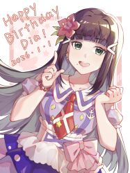  1girl absurdres black_hair blunt_bangs breasts buttons character_name chinese_commentary commentary_request dated double-breasted dress flower green_eyes hair_flower hair_ornament happy_birthday hibiscus highres kimi_no_kokoro_wa_kagayaiteru_kai? kurosawa_dia long_hair looking_at_viewer love_live! love_live!_sunshine!! medium_breasts necktie pink_dress puffy_short_sleeves puffy_sleeves purple_dress red_flower red_necktie ruoguiling short_necktie short_sleeves sidelocks solo 
