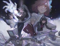  1other 2boys 3girls android animal_ear_headphones animal_ears aroma_white asakura_neko beard black_hair black_jacket black_pants black_shirt blonde_hair blue_eyes blue_flower brown_eyes brown_hair cable cat_ear_headphones cat_ears cellphone closed_eyes closed_mouth collared_shirt computer_keyboard computer_mouse conner_(cytus) copyright_logo copyright_notice cytus cytus_ii damaged eyepatch facial_hair fake_animal_ears flower fur-trimmed_jacket fur_trim grey_hair gun hair_flower hair_ornament hair_over_one_eye headphones highres holding holding_gun holding_weapon humanoid_robot jacket joints krenz logo long_hair long_sleeves low_ponytail mechanical_arms meowbot metal_skin monitor_head multicolored_hair multiple_boys multiple_girls mustache official_art open_clothes open_jacket pants parted_lips phone pink_hair ponytail print_shirt red_eyes red_jacket robo_head_(cytus) robot robot_joints serious shirt short_hair simon_jackson skin_seams sleeves_rolled_up smartphone smile streaked_hair suspenders vanessa_(cytus_ii) weapon white_shirt 