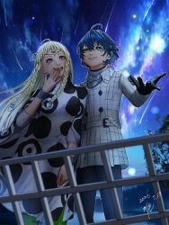 1boy 1girl absurdres black_gloves black_hairband black_pants blonde_hair blue_eyes blue_hair braid buttons closed_mouth commentary_request dark-skinned_female dark-skinned_male dark_skin dated eupha_(metaphor:_refantazio) eva02asuka0608 fingernails floating_hair gloves green_pantyhose hair_between_eyes hairband heterochromia highres lips long_hair long_sleeves looking_up metaphor:_refantazio night open_mouth outdoors pants pantyhose poncho protagonist_(metaphor:_refantazio) shooting_star short_hair signature sky smile third_eye twin_braids violet_eyes yellow_eyes 