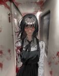  1girl absurdres bangs black_hair blood blood_on_clothes blood_on_face chainsaw_man collared_shirt cross_scar feet_out_of_frame hanny_(uirusu_chan) highres indoors long_hair looking_at_viewer mitaka_asa neck_ribbon red_eyes ribbon ringed_eyes scar scar_on_cheek scar_on_face school_uniform shirt smile solo standing train_interior war_devil_(chainsaw_man) white_shirt window 