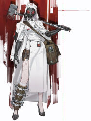  1girl armband bag black_armband black_gloves black_shoes blood blood_on_clothes bottle breasts coat coat_on_shoulders commentary contrapposto cross cross_scar dress facing_viewer full_body gas_mask gloves hammer hat high_heels highres id_card lab_coat lanyard latex latex_gloves mask medium_breasts nilzynox nurse nurse_cap o-ring original pouch pumps red_cross scar scar_on_leg shoes shoulder_bag side_slit sledgehammer solo standing test_tube thigh_pouch veil white_coat white_dress white_hat white_veil 