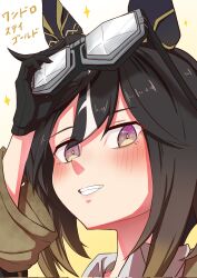  1girl adjusting_goggles animal_ears black_gloves black_hair blush brown_eyes brown_hair coat collared_shirt ear_covers gloves goggles goggles_on_head grin hair_between_eyes highres horse_ears horse_girl long_hair multicolored_hair open_mouth shirt smile solo stay_gold_(sunlit_outsider)_(umamusume) stay_gold_(umamusume) suzuneiroekaki teeth umamusume white_hair white_shirt yellow_coat 