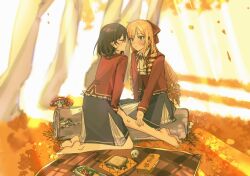  2girls barefoot bento black_skirt blue_eyes blush bow chinese_commentary claire_francois closed_eyes commentary drill_hair falling_leaves fly_agaric food haidao_mao hair_bow highres jacket kneeling leaf log long_hair looking_at_another missing_legwear multiple_girls mushroom neckerchief on_log outdoors picnic rae_taylor ralaire red_bow red_jacket revision sandwich school_uniform short_hair sitting skirt slime_(creature) waiting_for_kiss watashi_no_oshi_wa_akuyaku_reijou white_neckerchief yuri 