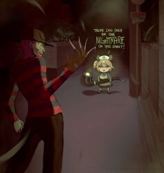  1boy 1girl a_nightmare_on_elm_street absurdres animal_ears brown_hair burn_scar chibi clawed_gloves commentary english_commentary english_text freddy_krueger gloves green_eyes hat highres holding holding_smoking_pipe indie_virtual_youtuber long_hair long_sleeves looking_at_another migokami night nimi_nightmare nimi_nightmare_(1st_costume) nurse_cap road road_sign scar shirt side_ponytail sign single_glove smoking_pipe standing street striped_clothes striped_shirt tapir_ears tapir_girl virtual_youtuber 