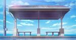  absurdres bench blue_sky bus_stop clouds color_creation commentary_request day highres no_humans ocean original outdoors scenery sky utility_pole 