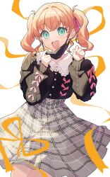  1girl :d absurdres aqua_eyes black_cardigan black_mask cardigan chinese_commentary collared_shirt commentary_request cropped_cardigan frilled_shirt_collar frills grey_skirt hair_ribbon high-waist_skirt highres hinoshita_kaho hinoshita_kaho_(birthday_jirai_kei) long_sleeves looking_at_viewer love_live! love_live!_hasu_no_sora_jogakuin_school_idol_club mask mask_pull medium_hair miniskirt mouth_mask open_mouth painttool_sai_(medium) pink_ribbon plaid_clothes plaid_skirt puffy_long_sleeves puffy_sleeves ribbon ruoguiling shirt skirt smile solo teeth twintails upper_teeth_only virtual_youtuber white_background white_shirt yellow_ribbon 