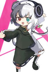  1girl :d absurdres animal_ears blue_eyes blush boots commentary_request cookie_(touhou) cosplay full_body green_boots green_shirt green_skirt grey_hair headphones headphones_on_animal_ears heterochromia highres jewelry kamen_rider kamen_rider_double kamen_rider_double_(cosplay) kamen_rider_double_(fangjoker) kamen_rider_w long_sleeves looking_at_viewer mouse_ears mouse_girl mouse_tail multicolored_hair nazrin necklace nyon_(cookie) open_mouth red_eyes shirt short_hair skirt smile solo split-color_clothes split-color_hair sun_kajitsu tail touhou white_background white_boots white_hair white_shirt white_skirt 