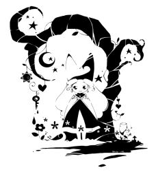  1girl bare_tree cape closed_mouth commentary_request crescent dress flower full_body greyscale hat heart jester_cap key leaf long_hair looking_at_viewer monochrome narcia orange_lore popolocrois simple_background smile solo standing straight-on sun tree very_long_hair white_background 