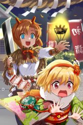  2girls alternate_costume blonde_hair blue_eyes capelet chasing commentary_request fake_horns hairband highres higurashi_no_naku_koro_ni holding horn_hairband horns houjou_satoko japanese_clothes kamaboko_red kimono long_sleeves multiple_girls nata_(tool) obi obidome obijime open_mouth orange_hair parted_bangs red_sash running ryuuguu_rena sash scared shirt teardrop violet_eyes white_shirt wide_sleeves 