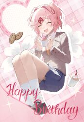  1girl :d absurdres black_shoes brown_sweater cherry closed_eyes collared_shirt commentary_request cookie doki_doki_literature_club doki_doki_literature_club_school_uniform food fruit grey_jacket hair_intakes happy_birthday highres jacket long_sleeves muffin natsuki_(doki_doki_literature_club) neck_ribbon open_mouth red_ribbon ribbon school_uniform shirt shoes short_hair smile socks solo sweater two_side_up white_shirt white_socks yecheng_anhunqu_(bilibili_1454316466) 