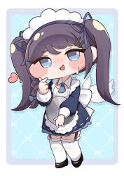  1girl absurdres apron black_hair black_shoes blue_bow blue_dress blue_eyes blue_ribbon bow braid chibi collar commentary_request detached_wings dress fewer_digits frilled_dress frilled_thighhighs frills garter_straps hair_ornament hairclip heart highres long_hair long_sleeves maid maid_headdress mayo_(trickcal) open_mouth parallel_hairclips ribbon shoes single_braid solo_focus sweat thigh-highs tray trickcal twintails white_apron white_thighhighs wings yuwano_(yuwanoonsen) 