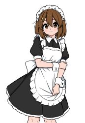  1girl 64vii apron black_dress brown_eyes brown_hair dress hair_between_eyes hair_ornament hairclip hand_on_own_arm highres hirasawa_yui k-on! maid maid_apron maid_headdress simple_background smile white_apron white_background white_wrist_cuffs wrist_cuffs 