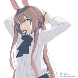  1girl amiya_(arknights) animal_ears arknights arms_up ascot black_ascot blue_eyes brown_hair commentary dated dated_commentary english_commentary hair_ornament hair_scrunchie highres jewelry long_hair long_sleeves looking_at_viewer mouth_hold multiple_rings ring scrunchie shi_(shi4557) shirt simple_background solo twitter_username tying_hair watermark web_address white_background white_shirt 