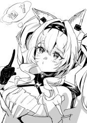  1girl absurdres angelina_(arknights) angelina_the_mellow_wish_(arknights) animal_ears arknights bare_shoulders black_gloves commentary_request dress earpiece fox_ears fox_girl gloves greyscale hairband highres long_hair monochrome solo spoken_object twintails upper_body yonemasakouta 