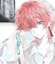  1boy collared_shirt commentary_request earrings grey_sweater_vest hand_on_own_cheek hand_on_own_face highres jewelry layered_clothes male_focus meow_1116 pink_hair shirt single_sleeve_past_fingers sleeve_belt strange_eden sweater_vest tassel tassel_earrings yellow_eyes yurano_senri_(strange_eden) 