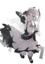  1girl absurdres ambience_synesthesia apron arknights arm_up belt black_belt black_dress black_gloves commentary dress earrings enmaided full_body gloves grey_apron grey_eyes grey_hair grey_pantyhose hand_in_own_hair highres irene_(arknights) irene_(voyage_of_feathers)_(arknights) jewelry juliet_sleeves long_hair long_sleeves looking_at_viewer maid maid_apron maid_headdress maochibuqihuyu necklace official_alternate_costume pantyhose parted_lips pink_pupils puffy_sleeves simple_background solo unfinished untranslatable_commentary white_background 