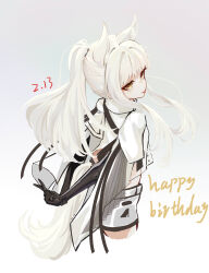  1girl :p absurdres animal_ears arknights arms_behind_back black_gloves bright_pupils chinese_commentary commentary_request cropped_legs elbow_gloves gloves gradient_background grey_background grey_hair grey_tail hand_on_own_wrist happy_birthday highres jacket long_hair long_sidelocks looking_at_viewer platinum_(arknights) short_shorts shorts sidelocks sketch solo standing tail tongue tongue_out turning_head white_background white_jacket white_pupils white_shorts yellow_eyes zhifeng_zhixia 