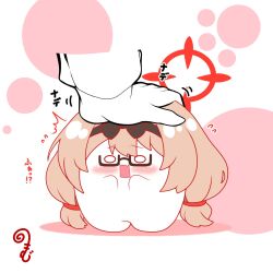  1other ^^^ black-framed_eyewear blue_archive blush brown_hair chinatsu_(blue_archive) colored_shadow commentary_request disembodied_hand flying_sweatdrops glasses halo headpat highres kurukurumagical long_hair low_twintails open_mouth semi-rimless_eyewear sensei_(blue_archive) shadow solo_focus standing surprised translation_request twintails under-rim_eyewear very_long_hair white_background wide_oval_eyes 