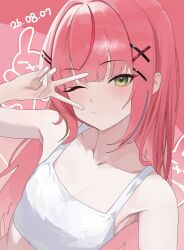  1girl absurdres bare_arms bare_shoulders blue_hair blue_streaks blush closed_mouth collarbone commentary dated green_eyes green_hair green_streaks hair_ornament hanako_nana highres long_hair looking_at_viewer multicolored_hair nbee_ya one_eye_closed pink_hair red_hair red_streaks sleeveless solo stellive streaked_hair tank_top untranslatable_commentary upper_body v white_tank_top x_hair_ornament 