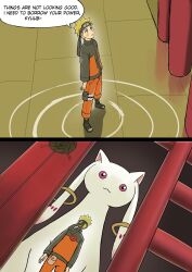  1boy absurdres black_boots black_headband blonde_hair blue_eyes boots commentary crossover english_commentary facial_mark forehead_protector full_body headband highres jacket kyubey long_sleeves looking_up mahou_shoujo_madoka_magica mahou_shoujo_madoka_magica_(anime) male_focus monster naruto_(classic) naruto_(series) open-toe_boots orange_jacket orange_pants pants parted_lips red_eyes short_hair spiky_hair standing uzumaki_naruto watcher_hollow whisker_markings 