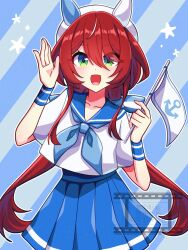  1girl animal_ears blue_neckerchief blue_sailor_collar blue_skirt blush breasts collarbone ear_covers flag green_eyes hair_between_eyes hair_ornament highres holding holding_flag horse_ears horse_girl long_hair looking_at_viewer low_twintails meineko_lui mismatched_ear_covers multicolored_hair neckerchief open_mouth red_hair sailor_collar sailor_shirt shirt skirt small_breasts smile solo star_(symbol) streaked_hair twintails umamusume white_shirt white_streaks win_variation_(umamusume) wristband 