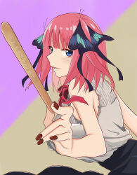  1girl :d absurdres bare_shoulders black_ribbon black_skirt blue_eyes blunt_bangs bow bowtie breasts butterfly_hair_ornament commentary_request cosplay cowboy_shot dagashi_kashi dutch_angle eyebrows_hidden_by_hair foreshortening from_side go-toubun_no_hanayome grey_shirt hair_ornament hair_ribbon hand_up high-waist_skirt highres holding holding_stick kouta(34765766) large_breasts looking_at_viewer medium_hair nail_polish nakano_nino open_mouth pink_hair purple_background red_bow red_bowtie red_nails ribbon shidare_hotaru shidare_hotaru_(cosplay) shirt simple_background skirt sleeveless sleeveless_shirt smile solo stick straight_hair taketatsu_ayana translation_request two-tone_background two_side_up voice_actor_connection yellow_background 