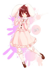 1girl adapted_costume animal_ears brown_hair brown_shoes carrot_necklace closed_mouth commentary_request dated frilled_skirt frills full_body furim highres inaba_tewi jewelry loafers long_sleeves looking_at_viewer necklace pendant pink_shirt pink_skirt rabbit_ears rabbit_girl rabbit_tail red_eyes shirt shoes signature skirt smile solo tail touhou 