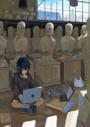  1girl absurdres bookshelf computer day faux_traditional_media highres indoors koukouya laptop original paper sidelocks sunlight upper_body window 