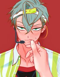  2boys alien_stage blush collared_shirt commentary green_eyes grey_hair hair_between_eyes hand_on_another's_chin headset highres ivan_(alien_stage) kasa_kskm layered_shirt looking_at_viewer male_focus microphone multiple_boys official_alternate_costume open_clothes open_shirt pov pov_hands red_background shirt short_hair solo_focus striped_clothes striped_shirt till_(alien_stage) two-tone_shirt vertical-striped_clothes vertical-striped_shirt very_short_hair visor_cap white_shirt yellow_shirt 