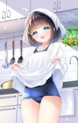  1girl apron apron_lift ass bandana black_eyes blue_eyes blue_one-piece_swimsuit clothes_lift commentary_request cooking_pot faucet flat_chest highres kappougi kitchen looking_at_viewer old_school_swimsuit one-piece_swimsuit original school_swimsuit short_hair smile solo spatula swimsuit thigh_gap wabi_chazuke white_bandana 