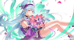  1girl bell blue_hair frilled_hairband frills genshin_impact hairband isofishtsu japanese_clothes kimono maid neck_bell obi_bow pink_eyes pink_kimono pink_pupils pink_sleeves pointy_ears purple_tail sash sleeveless sleeveless_kimono tail tapir_tail wa_maid white_sash yumemizuki_mizuki 