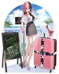  1girl absurdres adjusting_eyewear alternate_costume bag bare_shoulders beach blue_eyes blue_sky borumete brown_hair brown_scrunchie brown_skirt clouds cloudy_sky collarbone contrail cup day drinking_straw full_body glasses hair_ornament hair_scrunchie hand_on_eyewear hat high_heel_sandals high_heels highres holding holding_cup jewelry looking_at_viewer menu multicolored_hair necklace off-shoulder_shirt off_shoulder parted_lips pink_hair pink_scrunchie rolling_suitcase sand sandals scrunchie shirt shirt_tucked_in short_sleeves skirt sky solo suitcase sun_hat tachibana_hinano twintails two-tone_hair unworn_hat unworn_headwear virtual_youtuber vspo! white_sandals white_shirt 