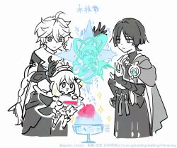  +_+ 1girl 2boys aether_(genshin_impact) ahoge apollo_hotori arm_at_side armor blue_gem blunt_ends bodysuit bottle bow braid bridal_gauntlets cape closed_mouth crop_top cropped_shirt cup diamond_hair_ornament earrings empty_eyes eyeliner feathers floating food gem genshin_impact glass gloves greyscale hair_ornament halo hand_on_own_hip hand_up hands_up holding holding_bottle japanese_armor japanese_clothes jewelry kimono kote levitation long_hair looking_at_another low-braided_long_hair low-tied_long_hair makeup mandarin_collar mechanical_halo medium_hair middle_ring midriff monochrome multiple_boys open_clothes open_hand open_hands open_kimono open_mouth paimon_(genshin_impact) pants parted_bangs pom_pom_(clothes) pouring romper scaramouche_(genshin_impact) scarf shaved_ice short_sleeves shorts side_cape spot_color tsurime twitter_username v-shaped_eyebrows vambraces vision_(genshin_impact) wanderer_(genshin_impact) watermark white_background wind wispy_bangs wolf_cut 