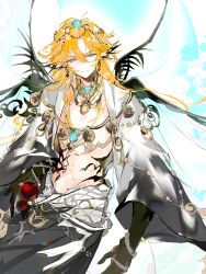  11211t 1boy absurdres apple aqua_eyes aqua_gem black_gloves black_robe blonde_hair braid chinese_commentary closed_mouth cowboy_shot curtained_hair ear_covers earrings fairy fairy_wings food fruit gem gloves gold_necklace gradient_clothes hair_between_eyes hair_flaps head_chain highres holding holding_food holding_fruit jewelry lars_rorschach long_hair long_sleeves looking_at_viewer lovebrush_chronicles male_focus multiple_necklaces multiple_wings necklace open_clothes open_robe pointy_ears robe sash side_braid simple_background smile solo toned toned_male waist_sash wallet_chain white_background white_robe white_sash wide_sleeves wings 