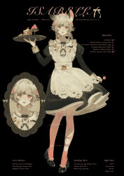  1girl absurdres animal_ear_fluff animal_ears apron asymmetrical_legwear baichuan_baichuan black_background black_shoes bow bow_legwear braid cake cake_slice cherry chinese_commentary commentary_request dessert dress eyelashes food fruit highres holding holding_tray juliet_sleeves limited_palette lips long_hair long_sleeves looking_at_viewer maid mismatched_legwear mouse_ears mouse_girl multiple_views original parted_lips pink_eyes pudding puffy_sleeves shoes sidelocks standing strawberry strawberry_cake tray twin_braids whipped_cream white_apron white_bow 