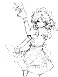  1girl absurdres ame_iru apron back_bow between_fingers bow braid closed_mouth collared_shirt commentary_request dress greyscale hair_bow highres holding holding_knife izayoi_sakuya knife knives_between_fingers long_hair looking_at_viewer maid maid_headdress monochrome pinafore_dress pocket_watch puffy_short_sleeves puffy_sleeves shirt short_sleeves sketch sleeveless sleeveless_dress solo touhou twin_braids waist_apron watch wrist_cuffs 