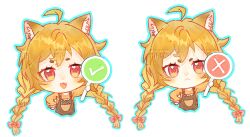  1girl :< ahoge animal_ear_fluff animal_ears annoyed black_overalls blonde_hair blue_outline blunt_ends blush_stickers bow braid cat_ears cat_girl checkmark chinese_commentary closed_mouth commentary_request commission dot_nose fang frilled_overskirt frilled_sleeves frills frown hair_between_eyes hair_bow hand_on_own_hip happy heart heart_in_eye highres holding holding_sign long_hair long_sleeves low_twin_braids luosi_fen_pifa_shang messy_hair open_mouth original outline overalls pocket puffy_long_sleeves puffy_sleeves red_bow red_eyes sample_watermark shirt sign simple_background skin_fang sleeves_past_wrists smile symbol_in_eye too_many_watermarks tsurime twin_braids variations very_long_hair watermark watermark_grid white_background x_(symbol) yellow_shirt 