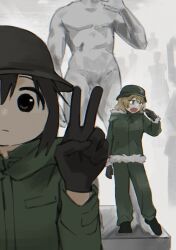  2girls black_eyes black_hair blonde_hair blue_eyes chito_(shoujo_shuumatsu_ryokou) coat combat_helmet commentary convenient_censoring fugu_gaikaku full_body fur_trim gloves green_coat green_pants grey_helmet helmet highres jacket long_hair long_sleeves looking_at_viewer looking_to_the_side military_uniform multiple_girls open_mouth pants shoujo_shuumatsu_ryokou statue v white_background yawning yuuri_(shoujo_shuumatsu_ryokou) 
