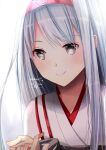  1girl brown_eyes hairband highres japanese_clothes kantai_collection kimura_shiki long_hair muneate red_hairband shoukaku_(kancolle) simple_background smile solo translation_request upper_body white_background white_hair 