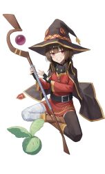  1girl absurdres bandaged_leg bandages belt black_belt black_choker black_hat black_thighhighs boots brown_boots brown_hair cabbage_(konosuba) choker chomusuke collared_cape commentary_request dress eyepatch grin hat highres holding holding_staff indian_style kono_subarashii_sekai_ni_shukufuku_wo! looking_at_viewer medium_hair megumin red_dress red_eyes simple_background single_thighhigh sitting smile staff thigh-highs unworn_eyepatch white_background witch_hat yecheng_anhunqu_(bilibili_1454316466) 