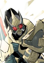  1boy armor bodysuit bosugann full_armor gold_armor helmet highres holding holding_sword holding_weapon horns kamen_rider kamen_rider_blade kamen_rider_blade_(king_form) kamen_rider_blade_(series) king_rouzer looking_at_viewer male_focus red_eyes rouse_absorber solo standing sword tokusatsu weapon 