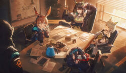  1other 4girls absurdres ahoge amiya_(arknights) animal_ears arknights artist_name black_hair black_jacket blue_eyes book brown_hair cat_ears cat_girl chair closure_(arknights) cup doctor_(arknights) dress drooling evening green_dress green_eyes grey_hair highres holding holding_cup horns indoors jacket jewelry kal'tsit_(arknights) kettle long_hair long_sleeves looking_at_viewer mon3tr_(arknights) mouth_drool mug multiple_girls multiple_rings office office_chair open_mouth paper pen plant pointy_ears ponytail potted_plant rabbit_ears rikaz ring see-through_clothes see-through_sleeves sleeping sleeves_past_fingers sleeves_past_wrists smile sunlight swivel_chair twintails white_background window window_blinds 