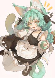  1girl ^^^ animal_ear_fluff animal_ears apron baby_bottle bare_shoulders black_dress black_ribbon blush bottle braid cat_ears cat_tail chinese_commentary chino_(user_zdyd2447) choker commentary_request dress fang frilled_choker frills from_above full_body green_eyes green_hair hands_up highres holding holding_bottle long_hair looking_at_viewer maid maid_headdress mary_janes milk open_mouth original parted_bangs paw_print ribbon shoes skin_fang smile solo strap striped_background tail thick_eyebrows thigh-highs twin_braids white_choker white_thighhighs 