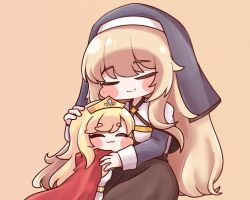  2girls aged_down black_trim black_veil blonde_hair blush blush_stickers cape capelet cassock chibi chibi_only clerical_collar closed_eyes commentary_request dress empire_waist erpin_(trickcal) fewer_digits gold_tiara hug korean_commentary long_hair mother_and_child mother_and_daughter multiple_girls ner_(trickcal) nun_headdress parent_and_child poli_desu puffy_cheeks red_cape smile trickcal veil white_capelet 